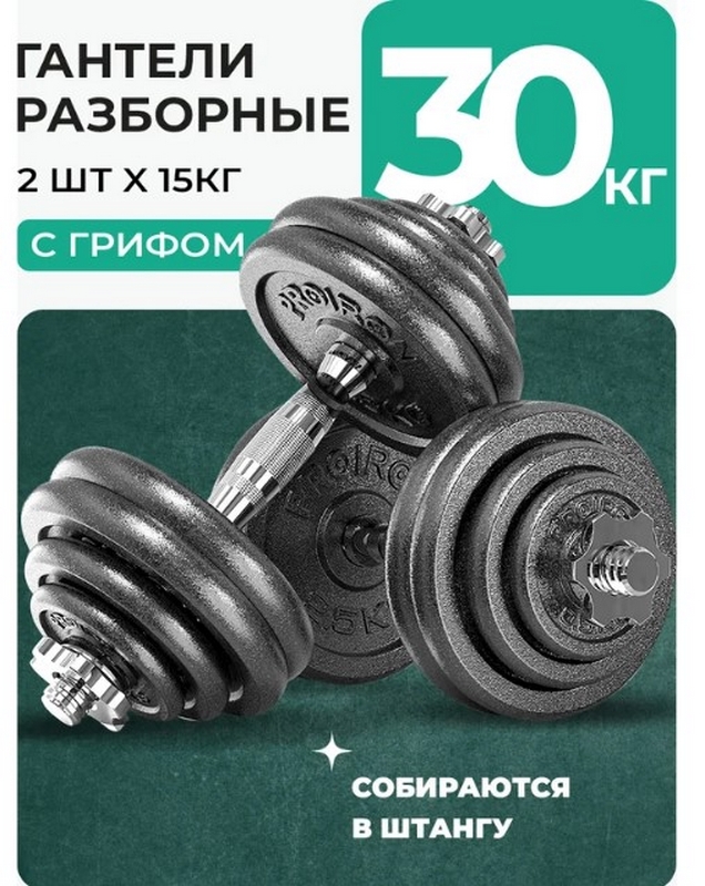 Гантели разборные из чугуна с грифом 2шт по 15кг PROIRON Г2150Ч