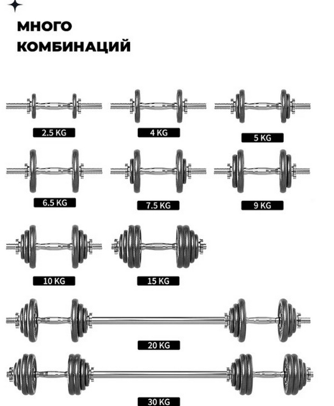 Гантели разборные из чугуна с грифом 2шт по 15кг PROIRON Г2150Ч