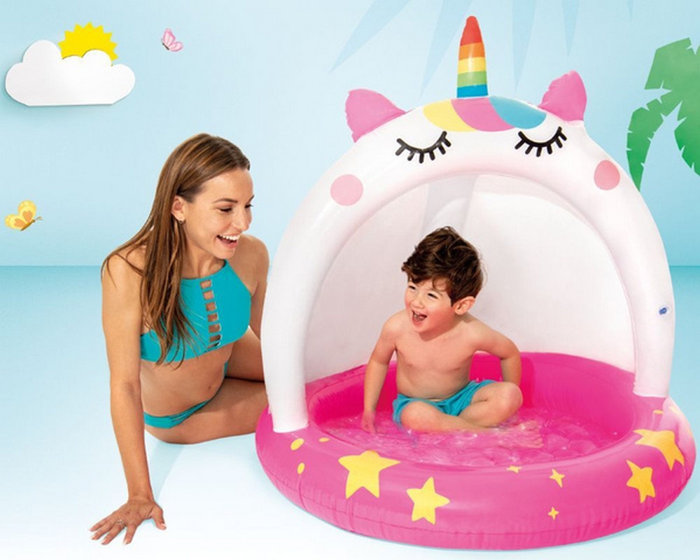 Детский надувной бассейн 102х102см, 45л, от 1 до 3 лет Intex Котенок-единорожка, с навесом 58438