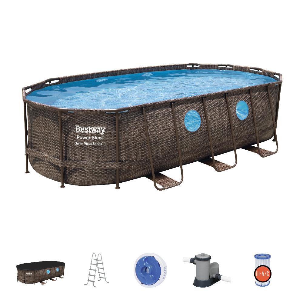 Бассейн овальный на стойках 427х250х100 см Bestway Power Steel Swim Vista 56714 ротанг