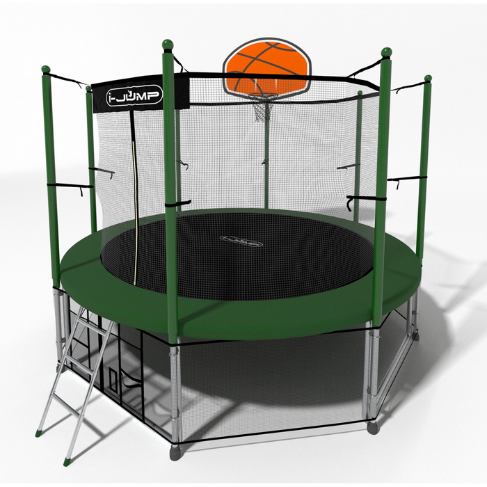 Батут i-Jump Classic Basket 10FT 306 см с нижней сетью и лестницей зеленый