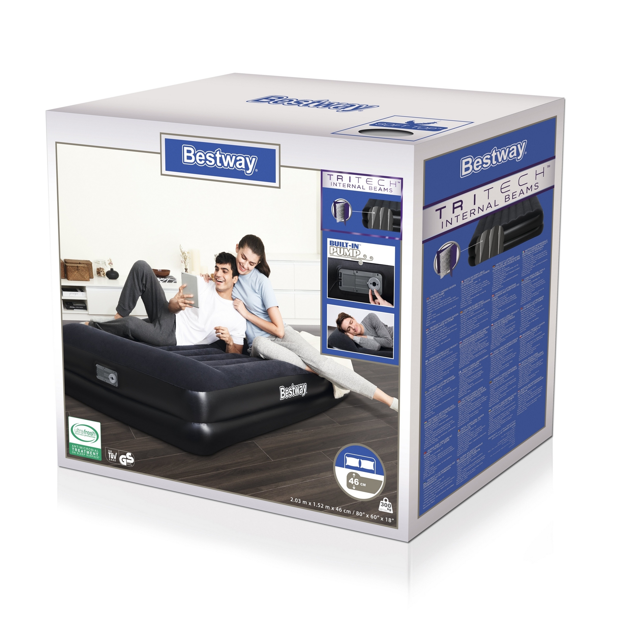 Кровать надувная 2-х ярусная 203x152x46см с подголовником флок насос Bestway 67403 черный