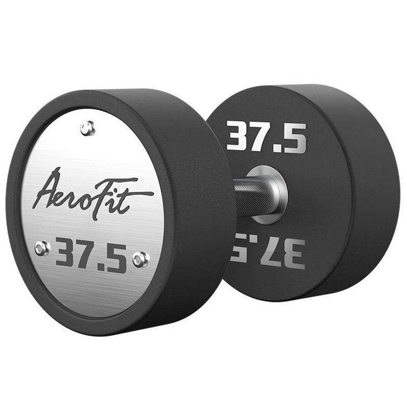 Набор полиуретановых гантелей, 27,5-37,5 кг, 5 пар, шаг 2,5 кг AeroFit AFPUDB27.5-37 черный, рукоятки хромированные