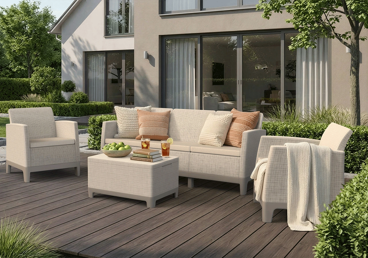 Комплект мебели Сканди Форма (Scandi Forma set with 3 seater sofa and storage box jute table Pebble Grey & Soft beige) бежевый