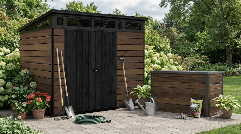 Комплект для хранения: сарай "Pent 9x7" + сундук "Deco deck" 870л (темно-коричневый)