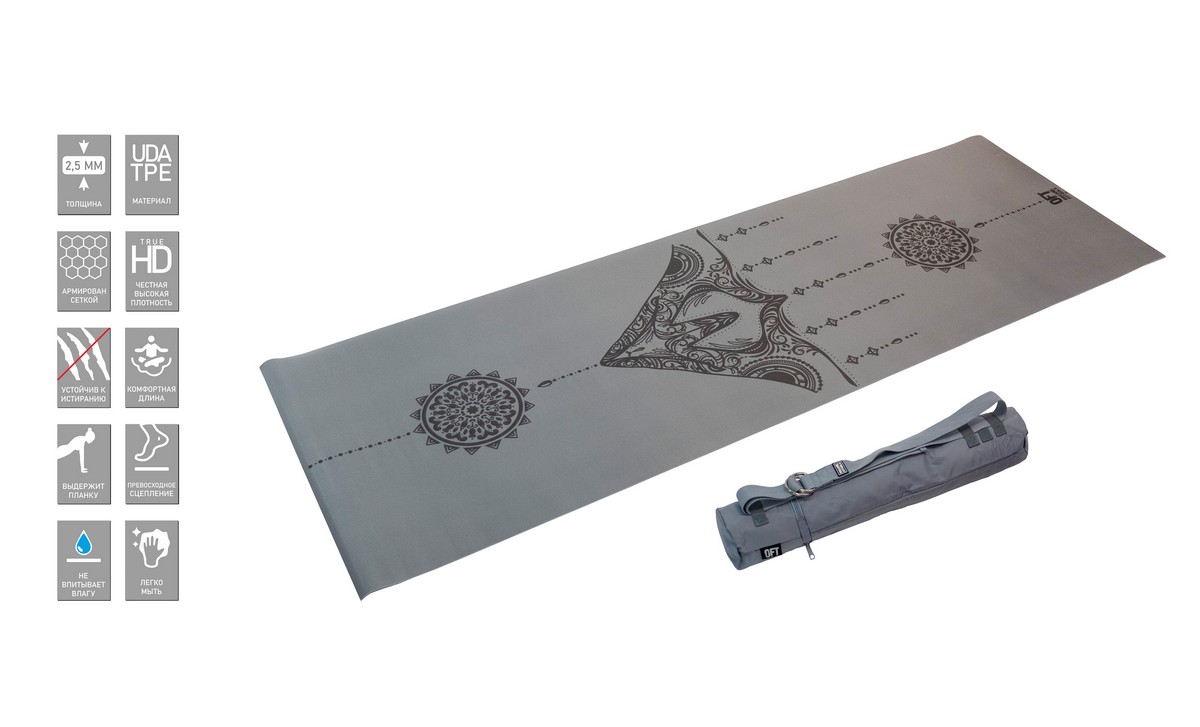 Коврик для йоги 183x61,5x0,25 см., в сумке с ремешком Original Fit.Tools FT-TYM025-GY серый
