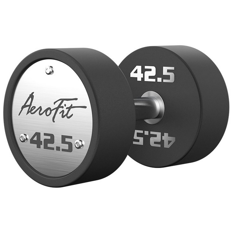 Набор полиуретановых гантелей, 40-50 кг, 5 пар, шаг 2,5 кг Aerofit AFPUDB40-50 черный, рукоятки хромированные
