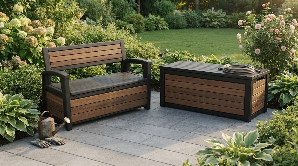 Комплект для хранения: скамья "Deco Garden Bench" + сундук "Deco deck" 630л (темно-коричневый)