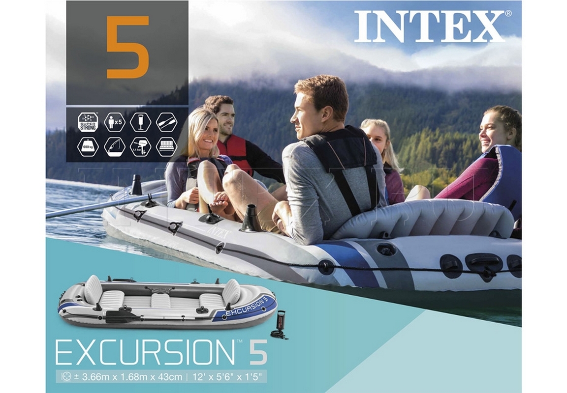 Надувная лодка Excursion 5 366х168х43см, алюм.вёсла 137см, насос 68614, до 600кг Intex 66325