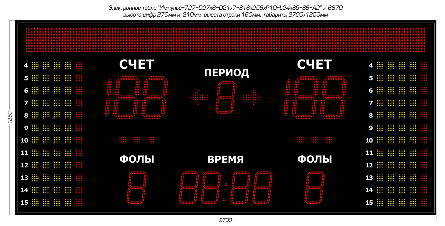 Табло для баскетбола Импульс 727-D27x6-D21x7-S16x256xP10-L24xS5-S6-A2