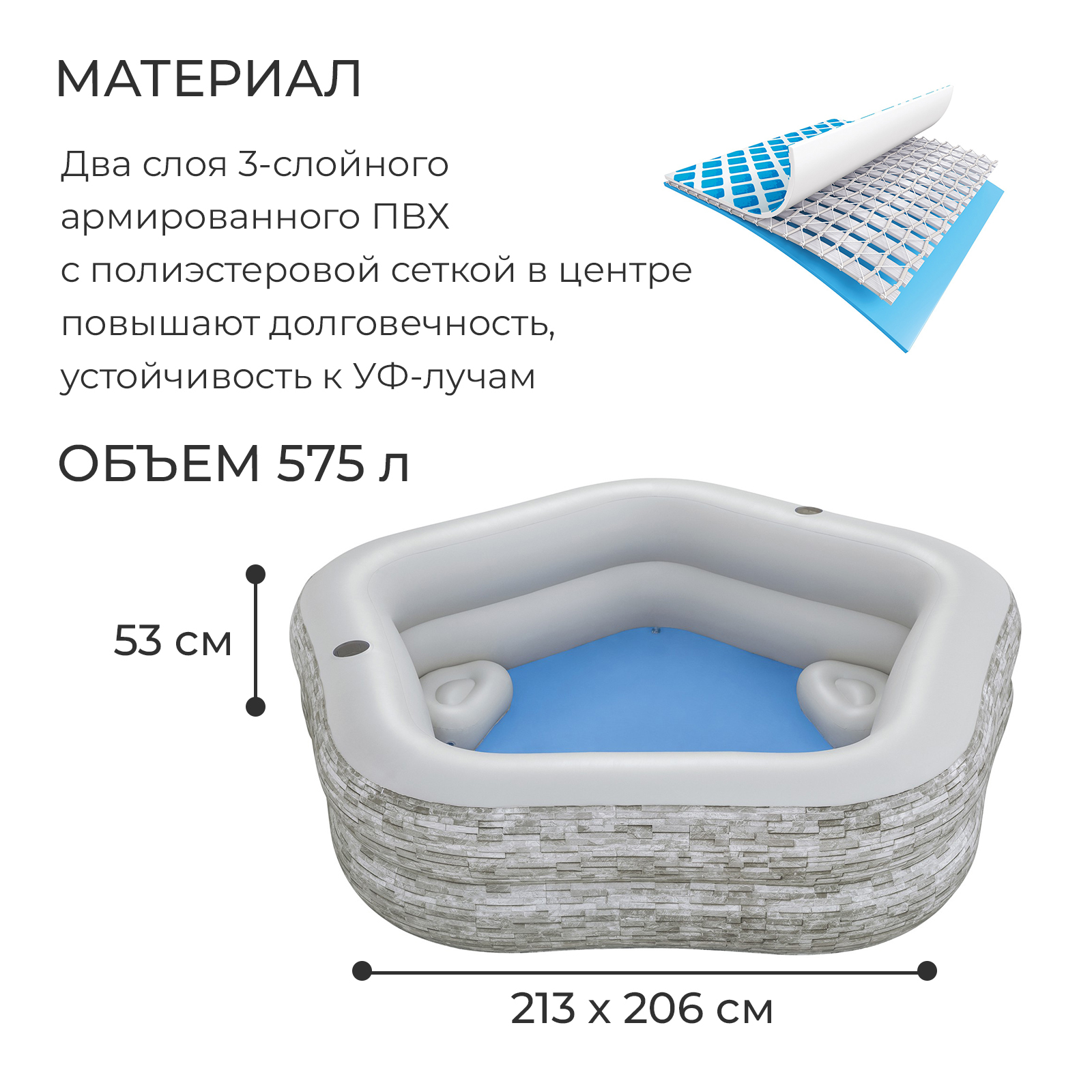 Надувной детский бассейн пятиугольный Семейный 213х206х53 см Bestway 54423