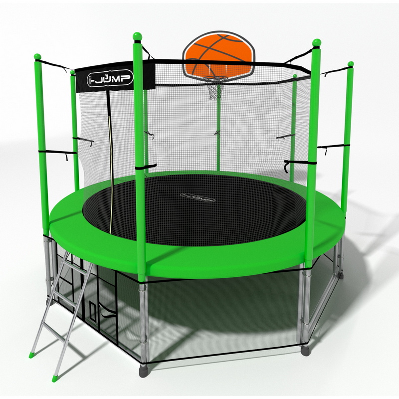 Батут i-Jump Classic Basket 8FT 244 см с нижней сетью и лестницей зеленый