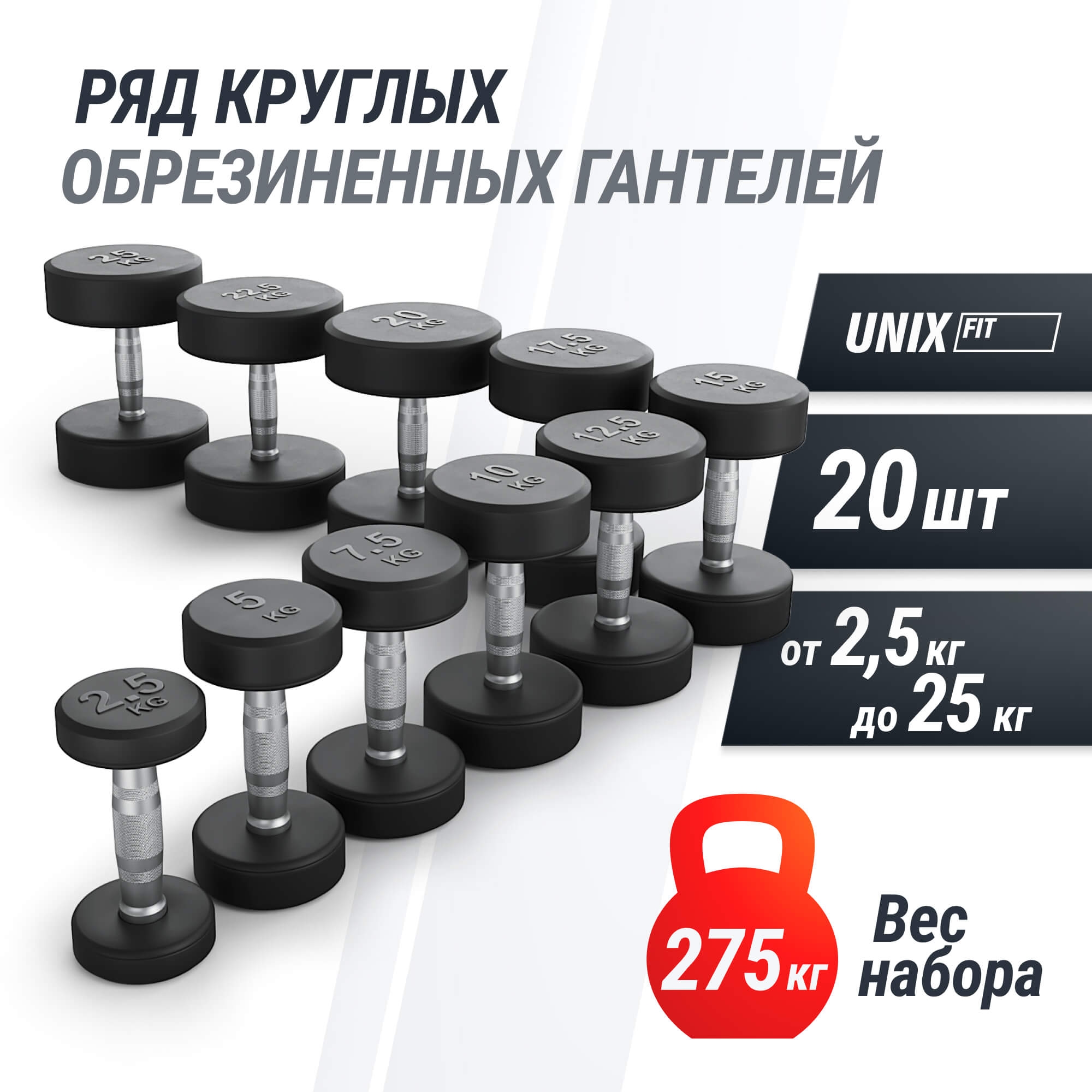 Ряд гантелей круглых, обрезиненные от 2,5 до 25 кг UnixFit DBRND2_5/25PBK
