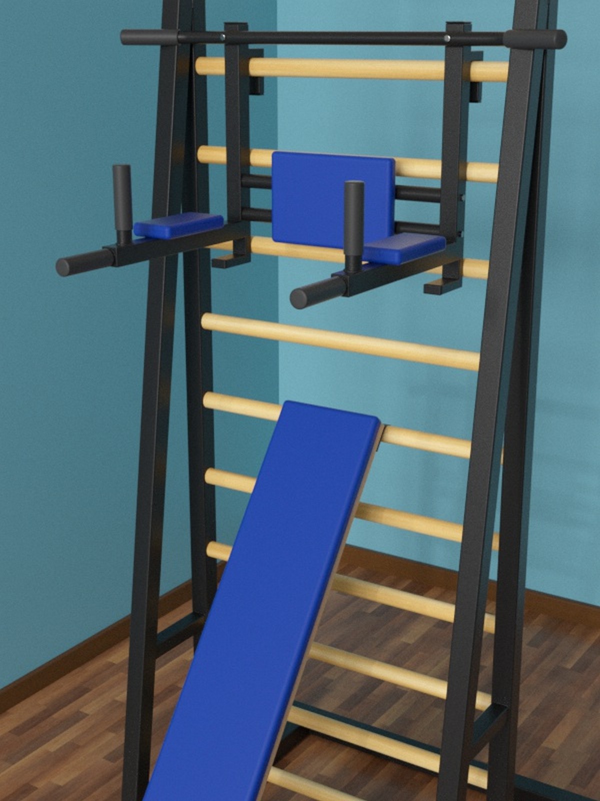 Шведская стенка напольная (тип 3) металл-береза с брусьями 3 в 1 и доской 