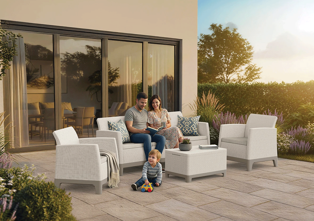 Комплект мебели Сканди Форма (Scandi Forma set with 3 seater sofa and storage box jute table Pebble Grey & Soft beige) бежевый