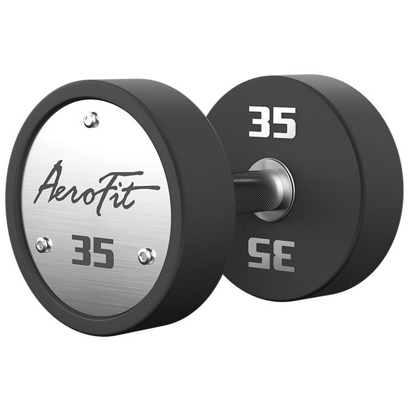 Набор полиуретановых гантелей, 27,5-37,5 кг, 5 пар, шаг 2,5 кг AeroFit AFPUDB27.5-37 черный, рукоятки хромированные