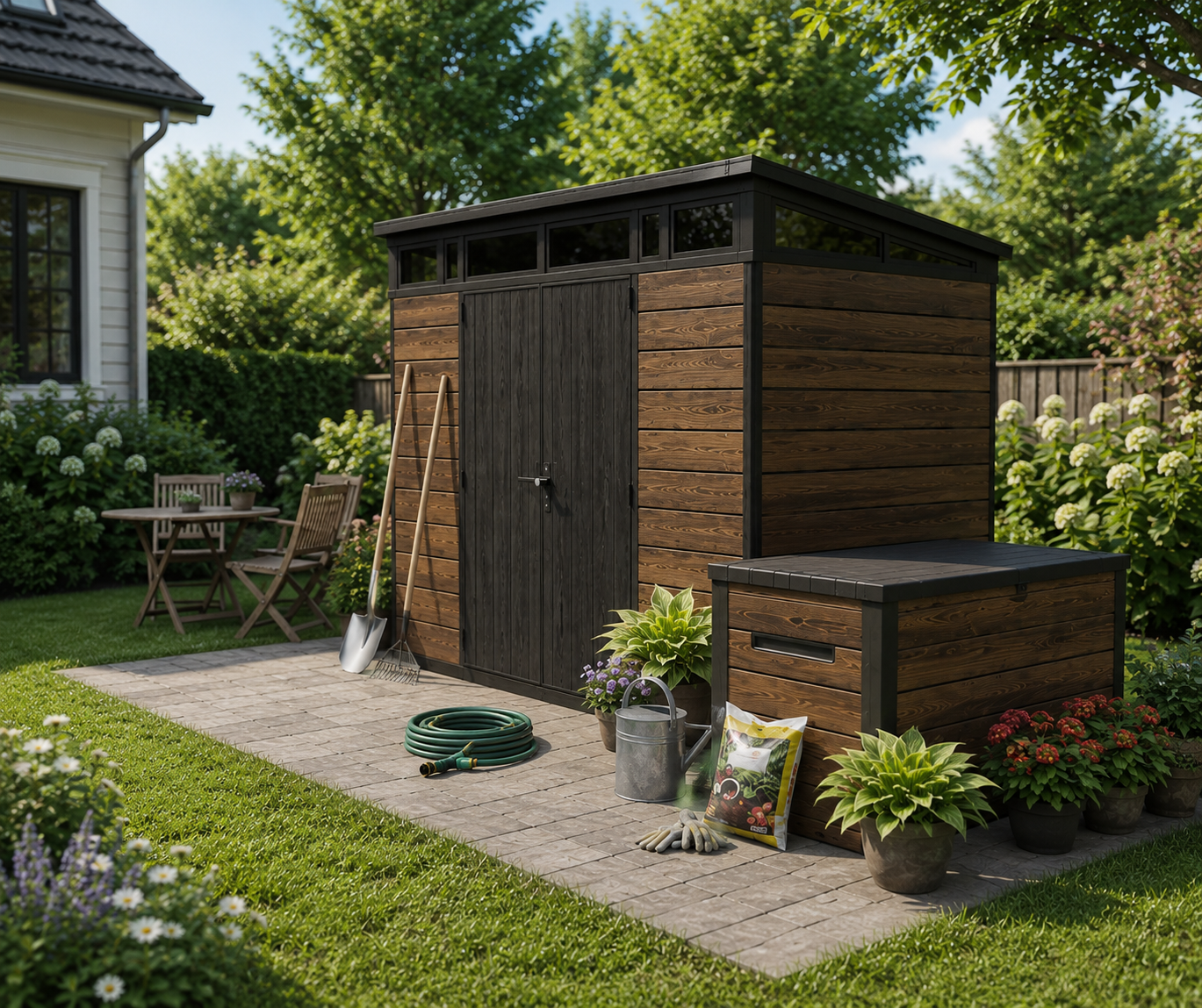 Комплект для хранения: сарай "Pent 9x7" + сундук "Deco deck" 870л (темно-коричневый)