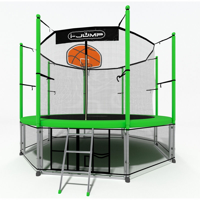 Батут i-Jump Classic Basket 8FT 244 см с нижней сетью и лестницей зеленый