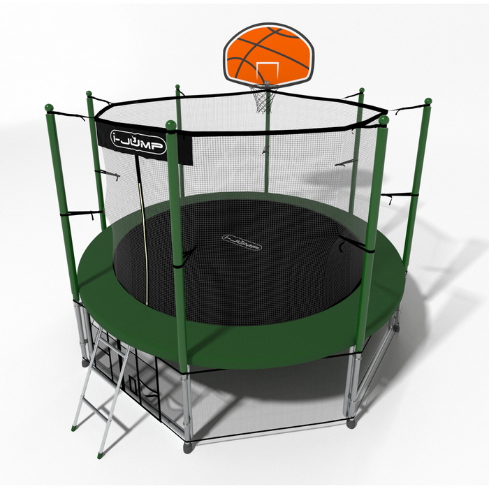 Батут i-Jump Classic Basket 10FT 306 см с нижней сетью и лестницей зеленый
