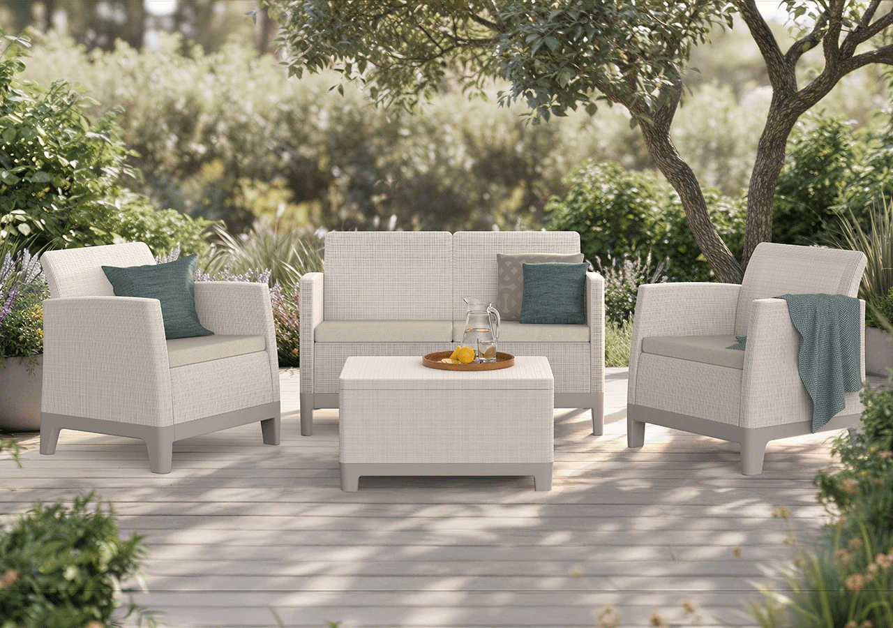 Комплект мебели Сканди Форма (Scandi Forma set with 2 seater sofa and storage box jute table Pebble Grey & Soft beige ) бежевый