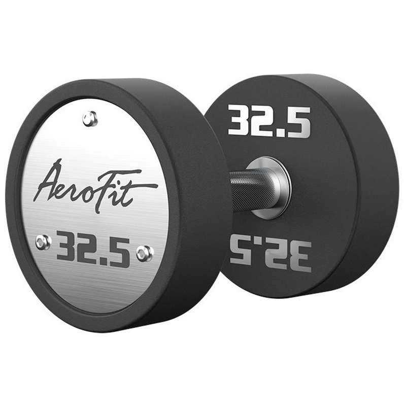 Набор полиуретановых гантелей, 27,5-37,5 кг, 5 пар, шаг 2,5 кг AeroFit AFPUDB27.5-37 черный, рукоятки хромированные