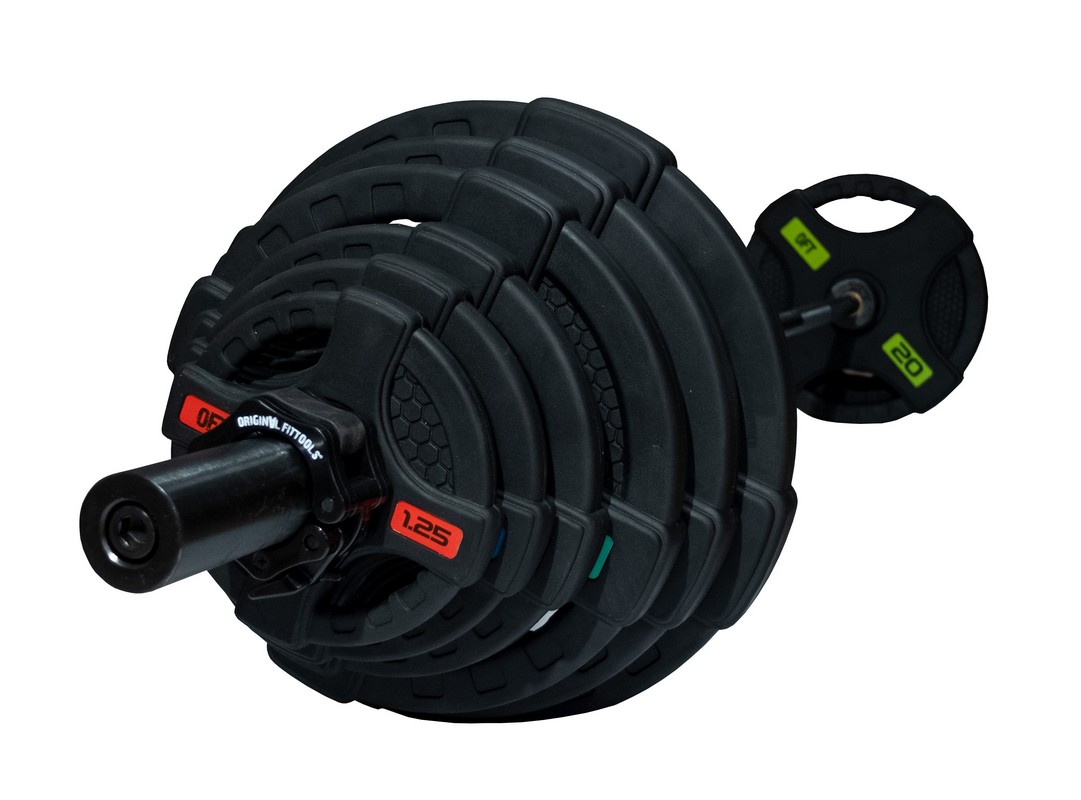 Штанга олимпийская 128 кг Original Fit.Tools диски с двумя хватами, черный гриф