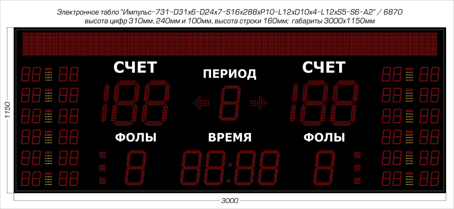 Табло для баскетбола Импульс 731-D31x6-D24x7-S16x288xP10-L12xD10x4-L12xS5-S6-A2