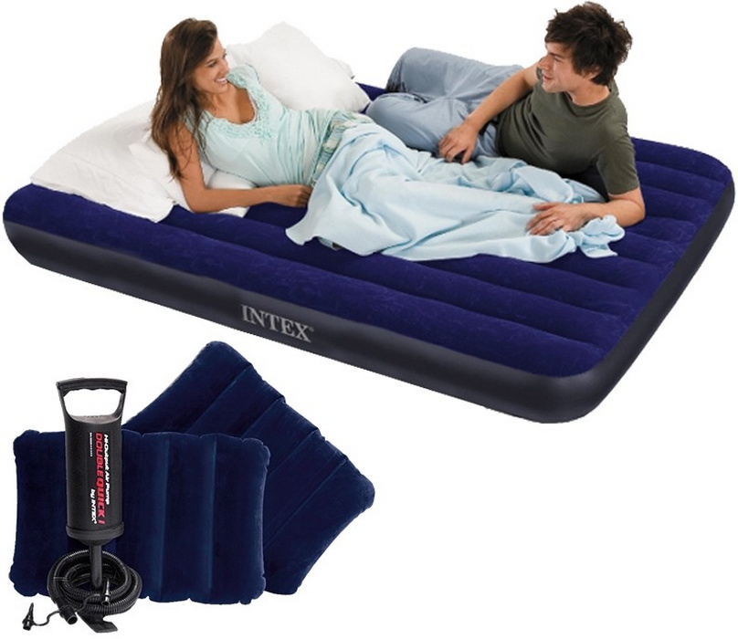 Надувной матрас Intex Classic Downy Airbed Fiber-Tech, 152х203х25см с подушками и насосом 64765