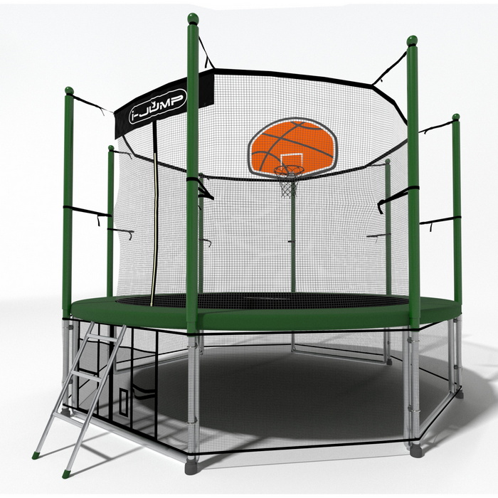 Батут i-Jump Classic Basket 10FT 306 см с нижней сетью и лестницей зеленый
