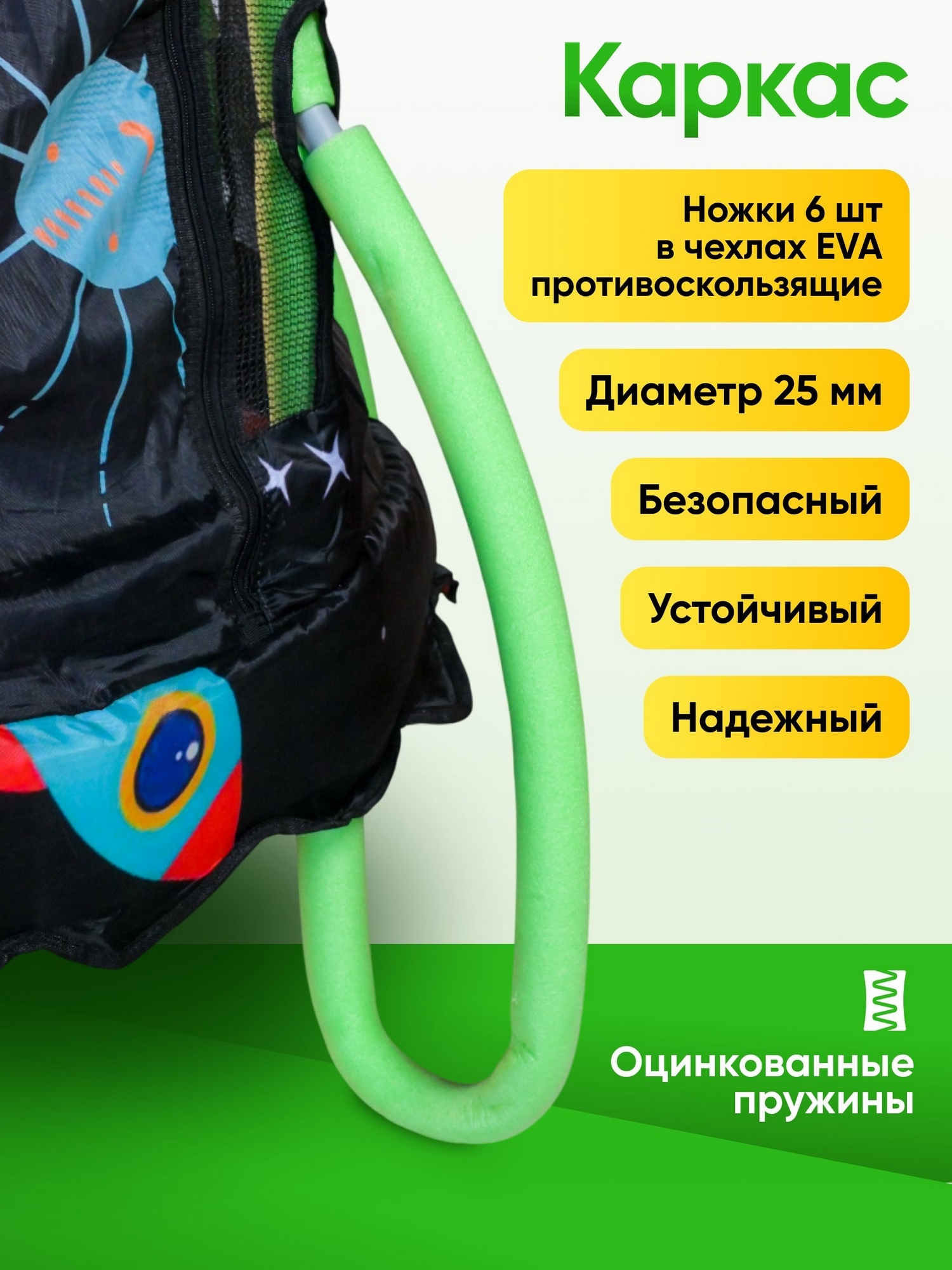 Батут с защитной cеткой ROCKET 48" d122 см Perfetto Sport PS-546-B чёрно-зелёный