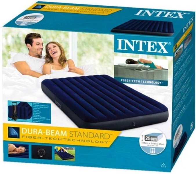 Надувной матрас Intex Classic Downy Airbed Fiber-Tech, 152х203х25см с подушками и насосом 64765