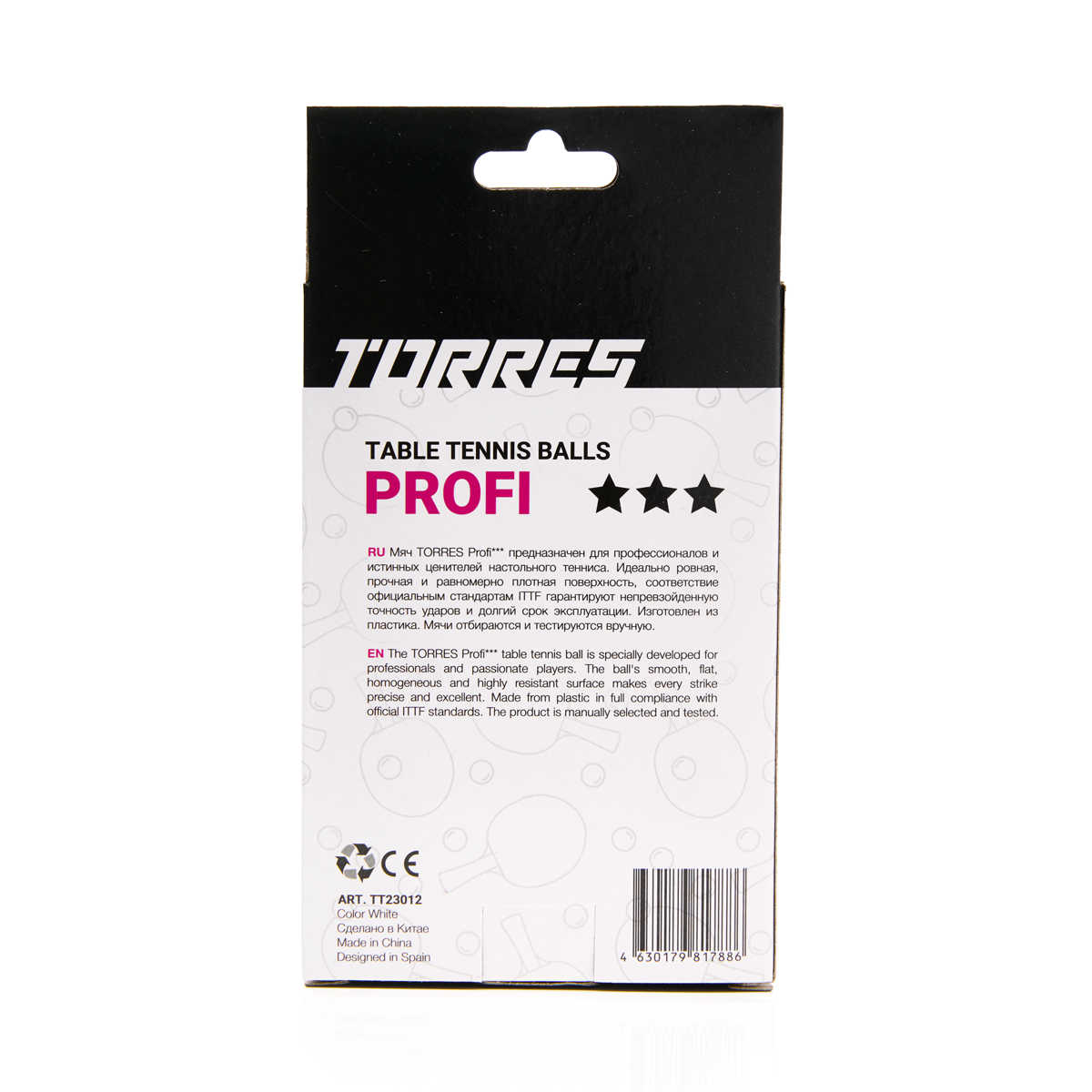 Мяч для настольного тенниса, d40+мм, 6 шт Torres Profi 3* TT23012 белый