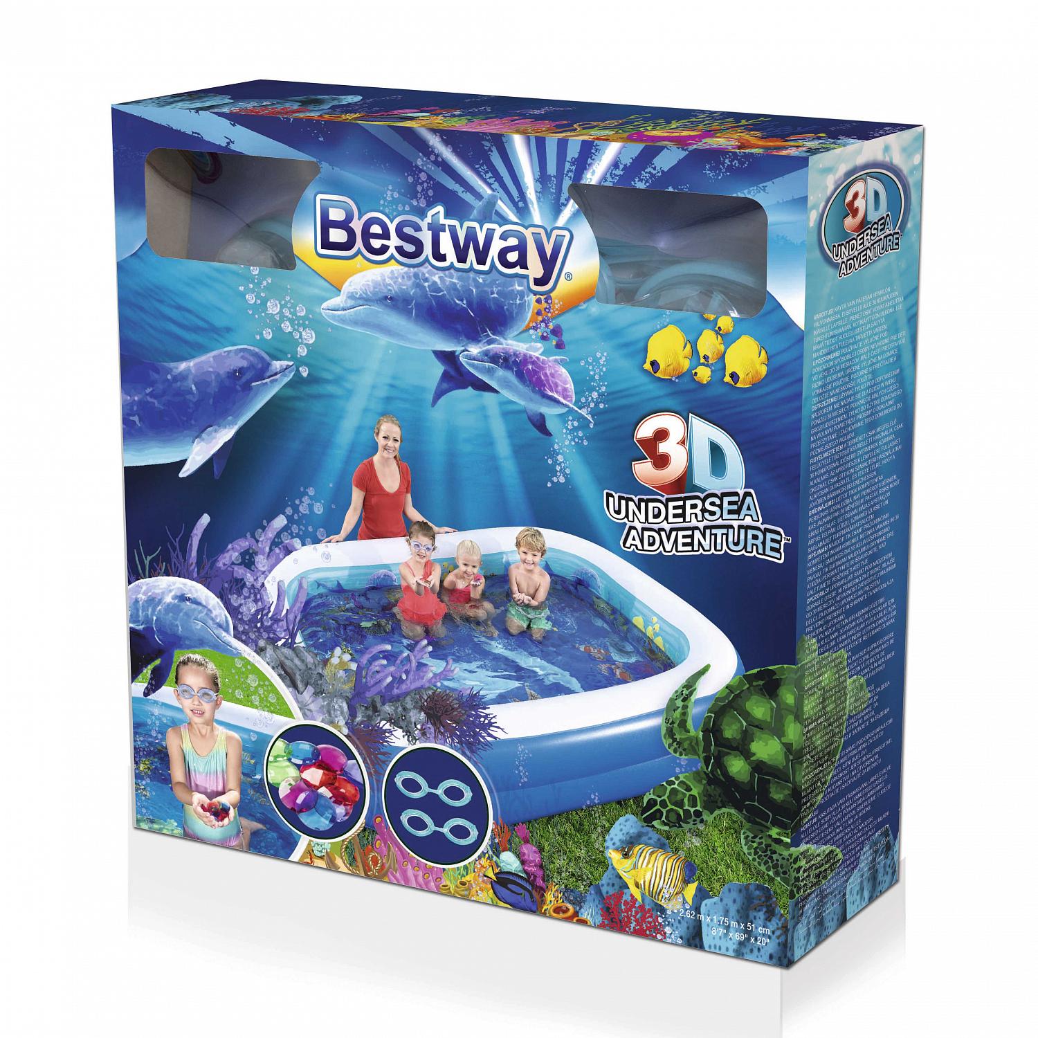 Детский надувной бассейн Bestway 262x175x51см Поиски сокровищ с 3D рисунком и 3D очками, 778л, от 3 лет 54177