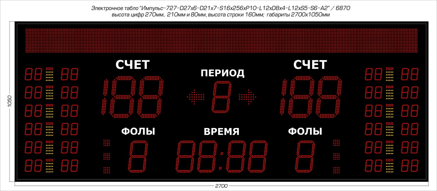 Табло для баскетбола Импульс 727-D27x6-D21x7-S16x256xP10-L12xD8x4-L12xS5-S6-A2