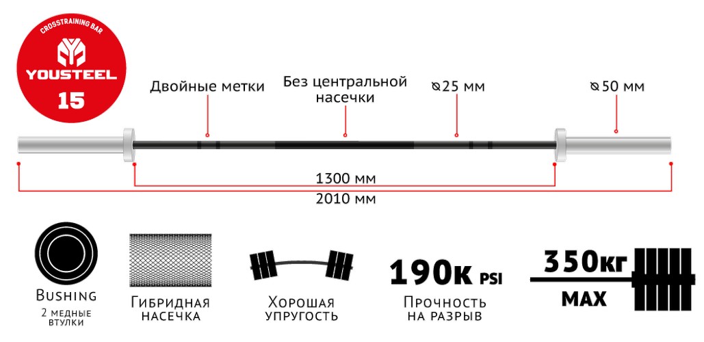 Гриф для штанги L201 см D50мм YouSteel Training Bar XF-15 красный+хром