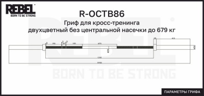 Гриф для кросс-тренинга двухцветный без центральной насечки до 679 кг REBEL R-OCTB86