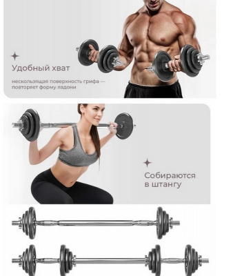 Гантели разборные из чугуна с грифом 2шт по 10кг PROIRON Г2100Ч