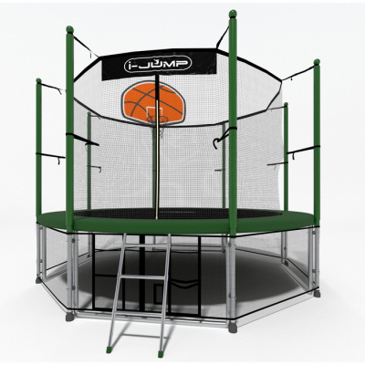 Батут i-Jump Classic Basket 10FT 306 см с нижней сетью и лестницей зеленый