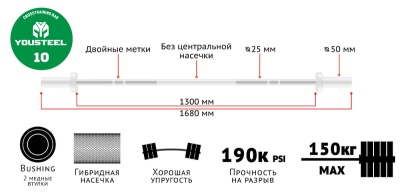 Гриф YouSteel Training Bar XF-10, 10кг, длина 1680мм, D25мм