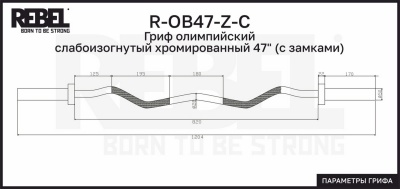 Гриф олимпийский слабоизогнутый хромированный 47" с замками REBEL R-OB47-Z-C